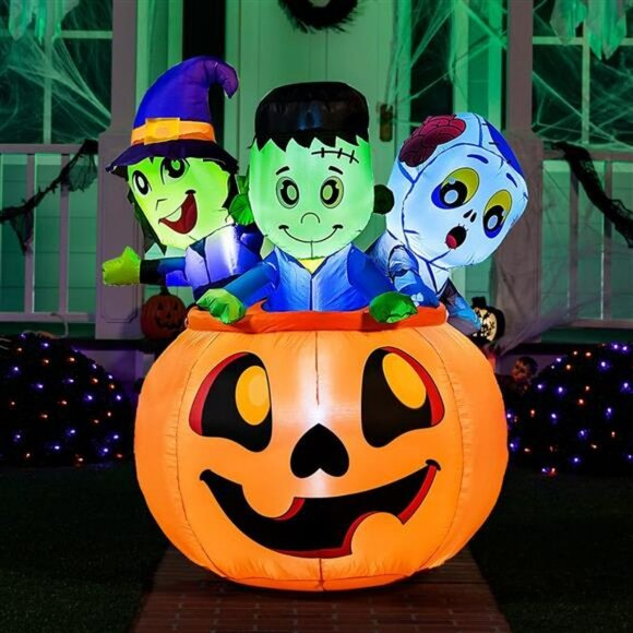 5 FT Tall Halloween Inflatable Three Characters on Pumpkin Inflatable Yard Decor
